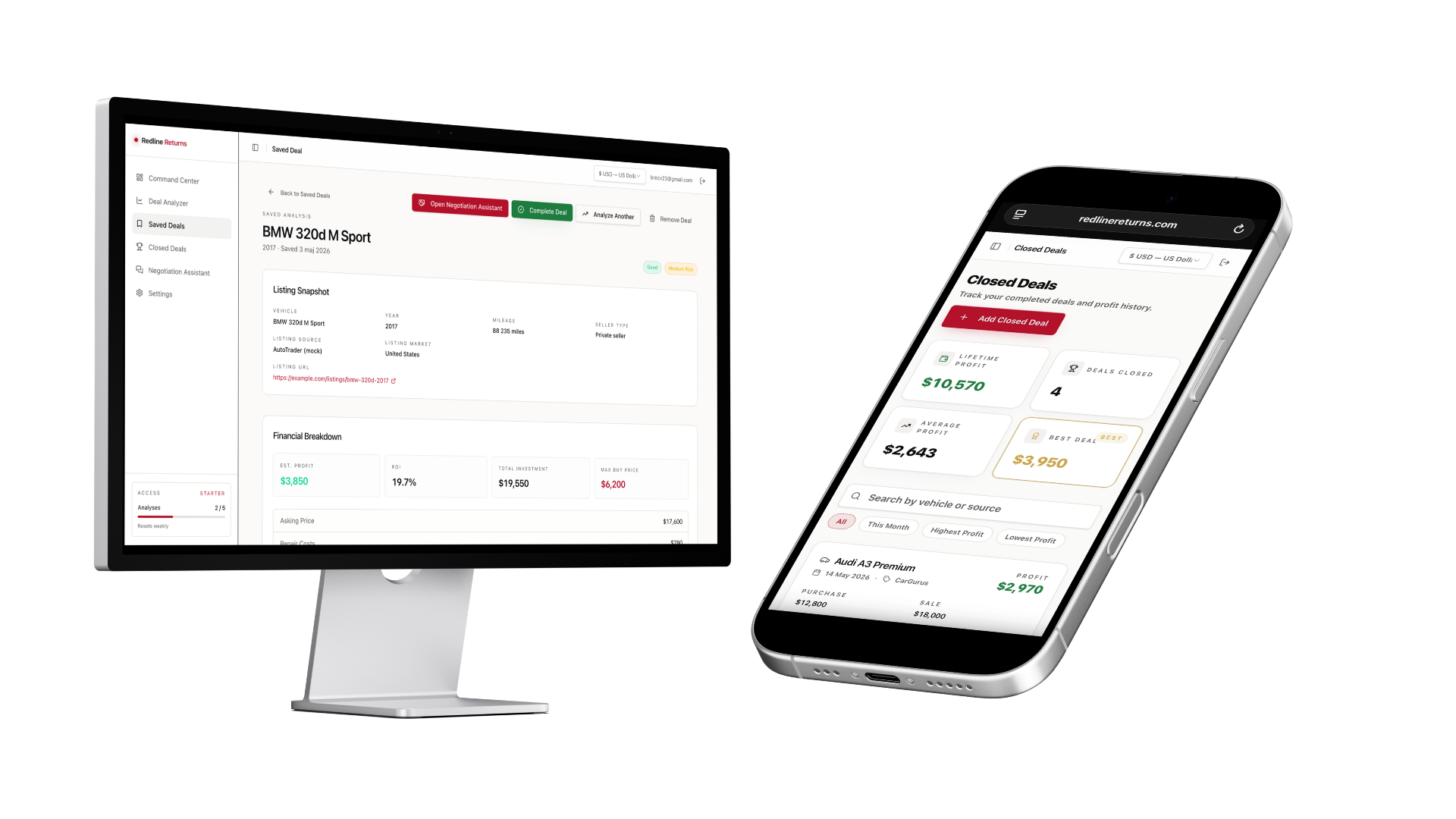 Redline Returns dashboard on desktop and mobile