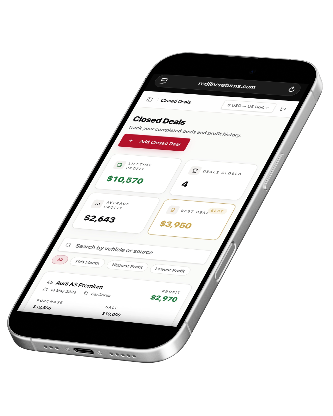 Redline Returns dashboard on mobile